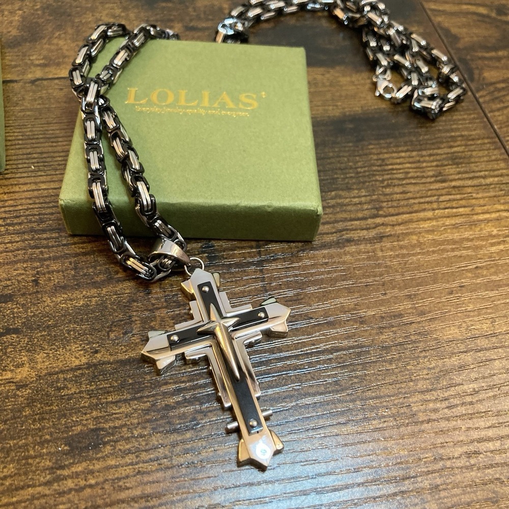 Mens Stainless Steel Cross Necklace 30in Black Silver Byzantine Chain